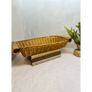 Vintage Rectangular Wicker Breadbasket Tray W/ Handles Honey Brown Woven